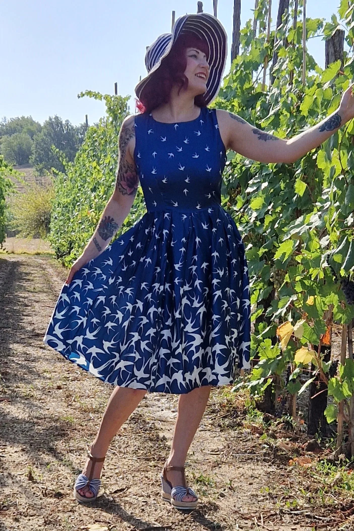 Annie Blue Swing Dress with Raising Swallow Birds