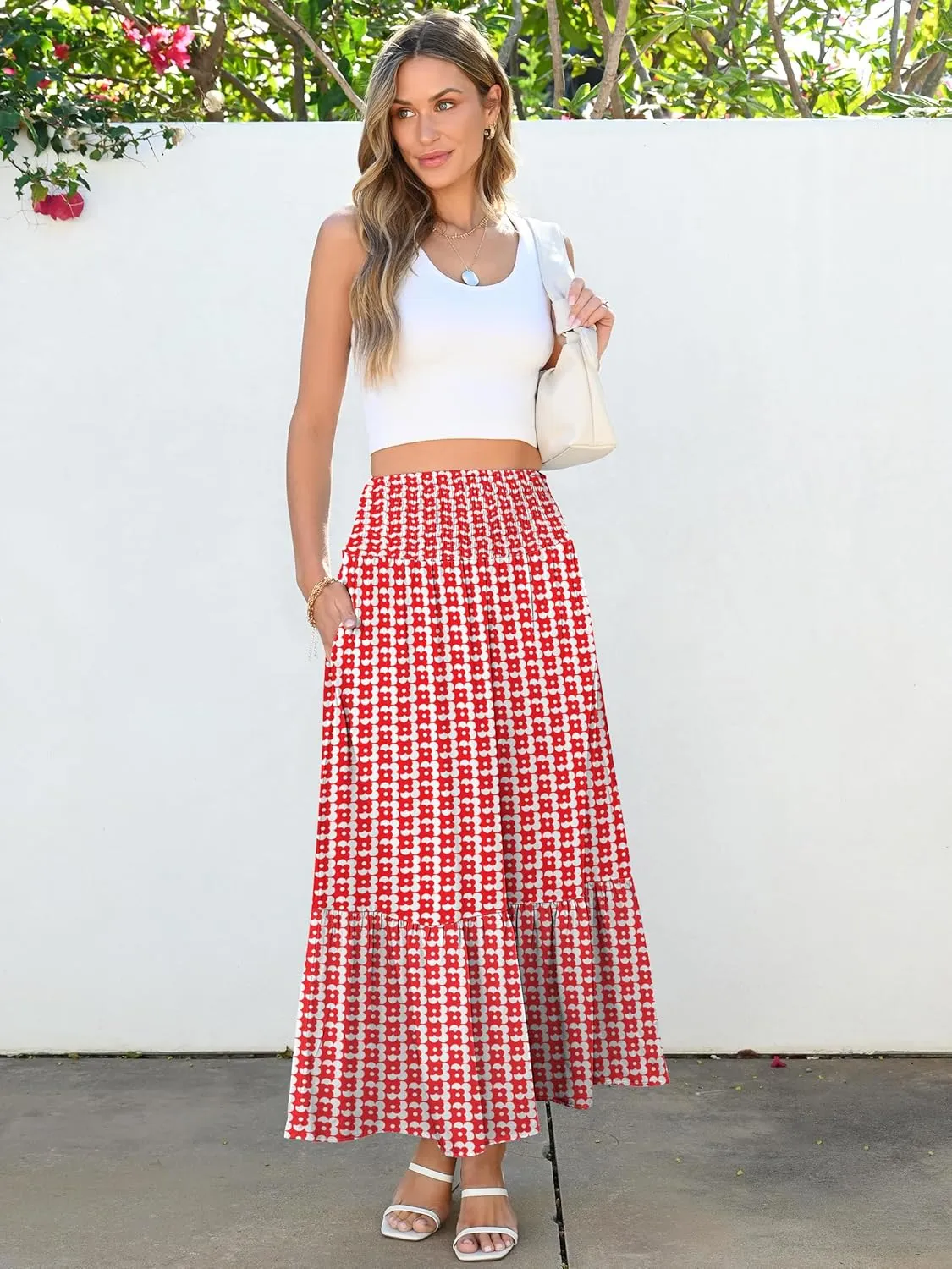 ANRABESS Maxi Skirts for Women 2025 Summer Boho Long Flowy Floral Elastic High Waist Skirt Casual Travel Skirt with Pockets