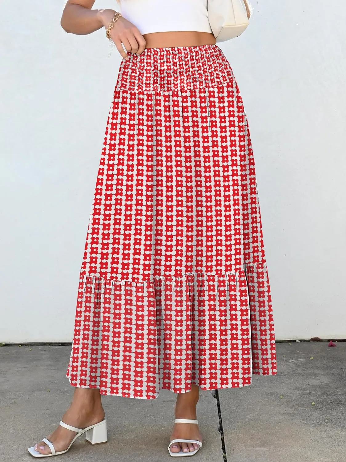 ANRABESS Maxi Skirts for Women 2025 Summer Boho Long Flowy Floral Elastic High Waist Skirt Casual Travel Skirt with Pockets