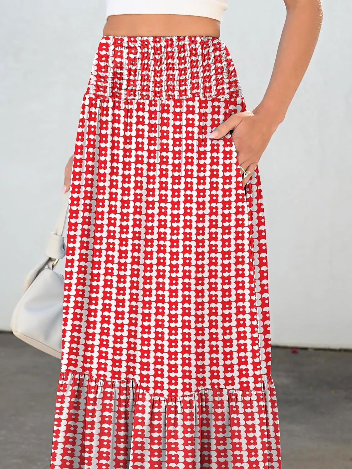 ANRABESS Maxi Skirts for Women 2025 Summer Boho Long Flowy Floral Elastic High Waist Skirt Casual Travel Skirt with Pockets