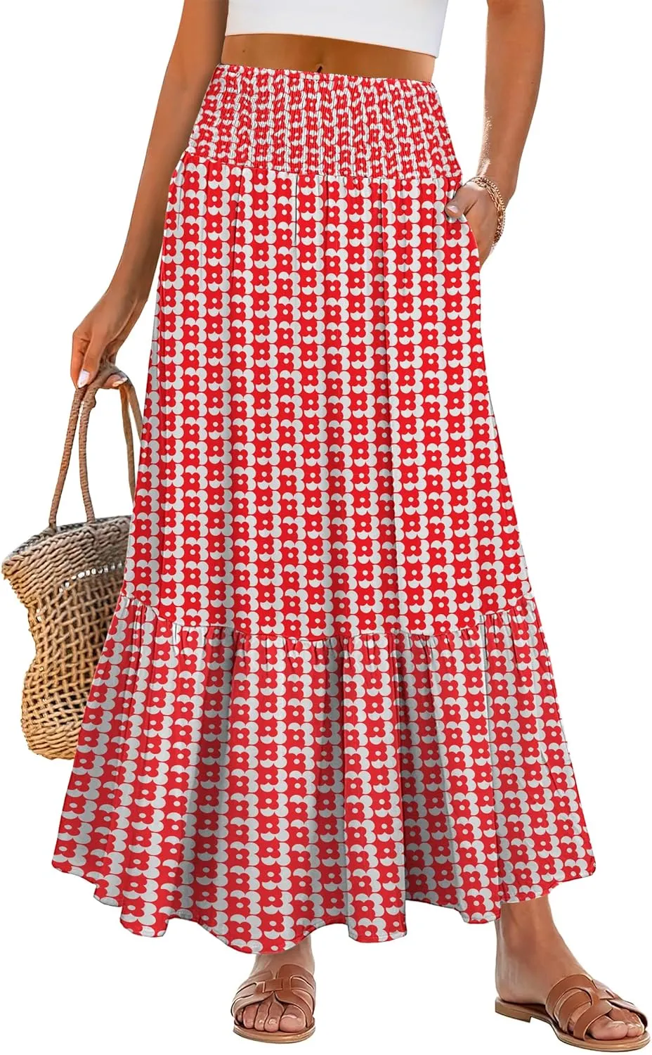ANRABESS Maxi Skirts for Women 2025 Summer Boho Long Flowy Floral Elastic High Waist Skirt Casual Travel Skirt with Pockets