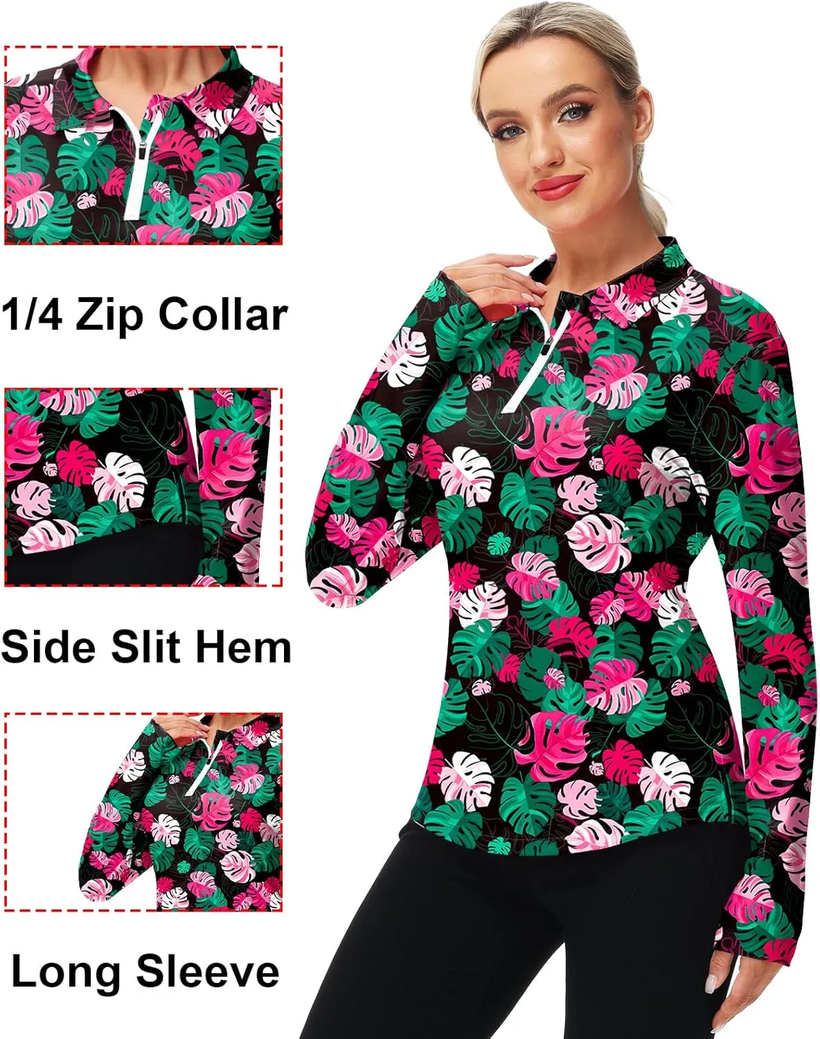 AOBUTE Women's Long Sleeve Golf Shirts Zip Polo Tennis Top with Thumb Hole