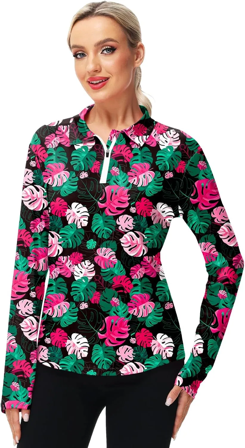 AOBUTE Women's Long Sleeve Golf Shirts Zip Polo Tennis Top with Thumb Hole