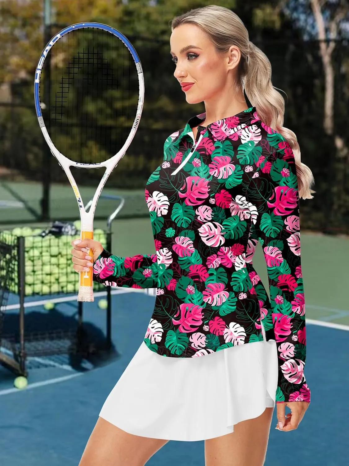 AOBUTE Women's Long Sleeve Golf Shirts Zip Polo Tennis Top with Thumb Hole