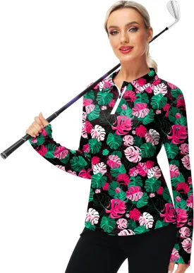 AOBUTE Women's Long Sleeve Golf Shirts Zip Polo Tennis Top with Thumb Hole