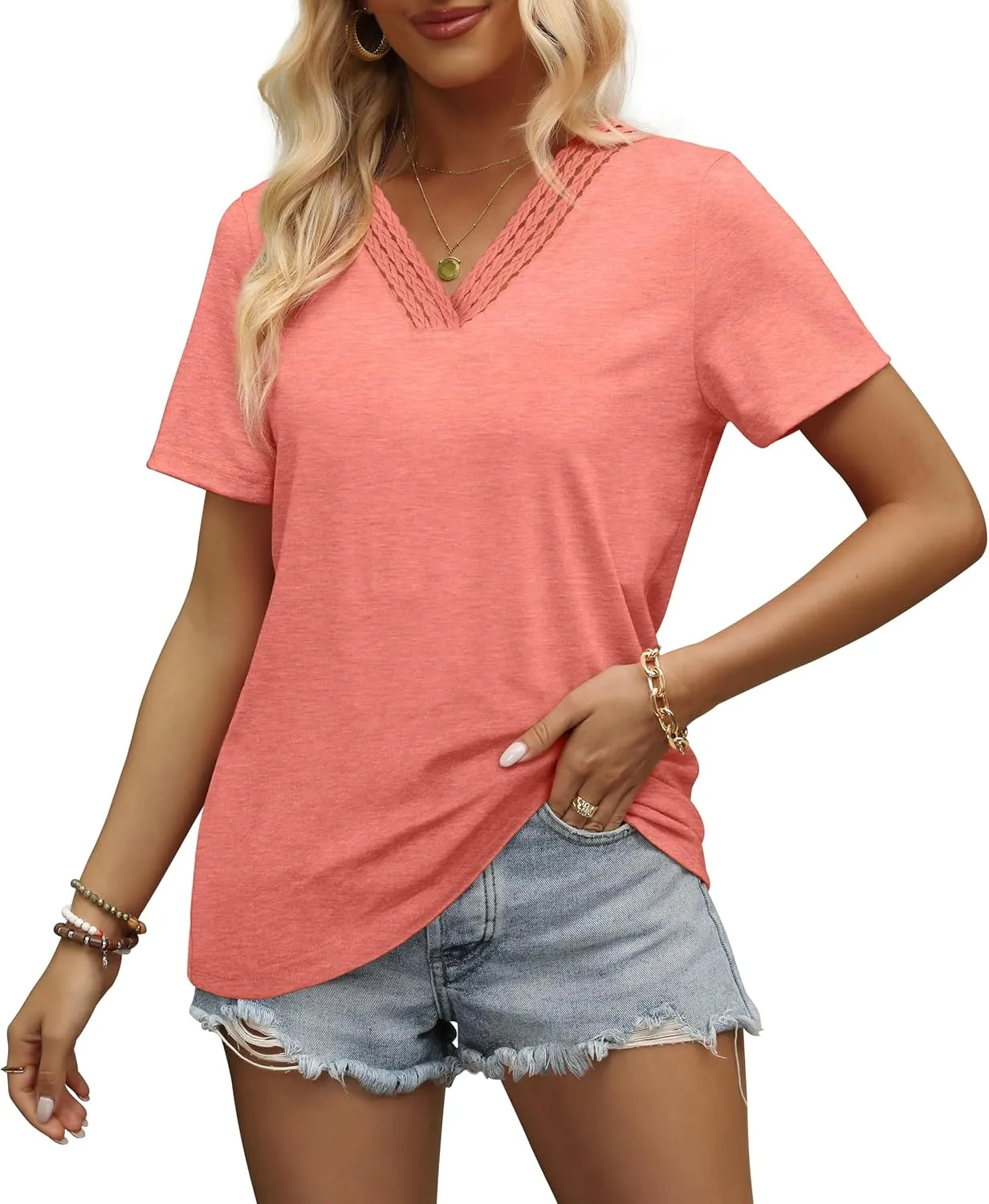 Aokosor Womens Summer Tops 2025 Trendy Crochet V Neck Tee Shirts Short Sleeve Casual