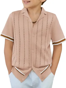 Arshiner Boys Knit Shirts Short Sleeve Button Down Shirt Vintage Fashion Casual Summer Beach Shirts for Kids 5-13 Years