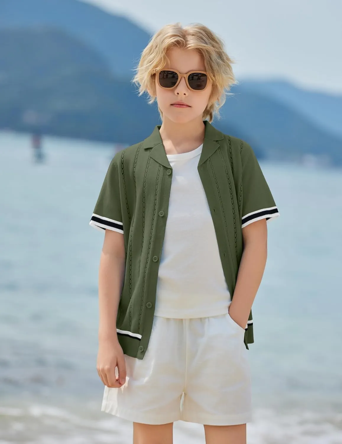 Arshiner Boys Knit Shirts Short Sleeve Button Down Shirt Vintage Fashion Casual Summer Beach Shirts for Kids 5-13 Years