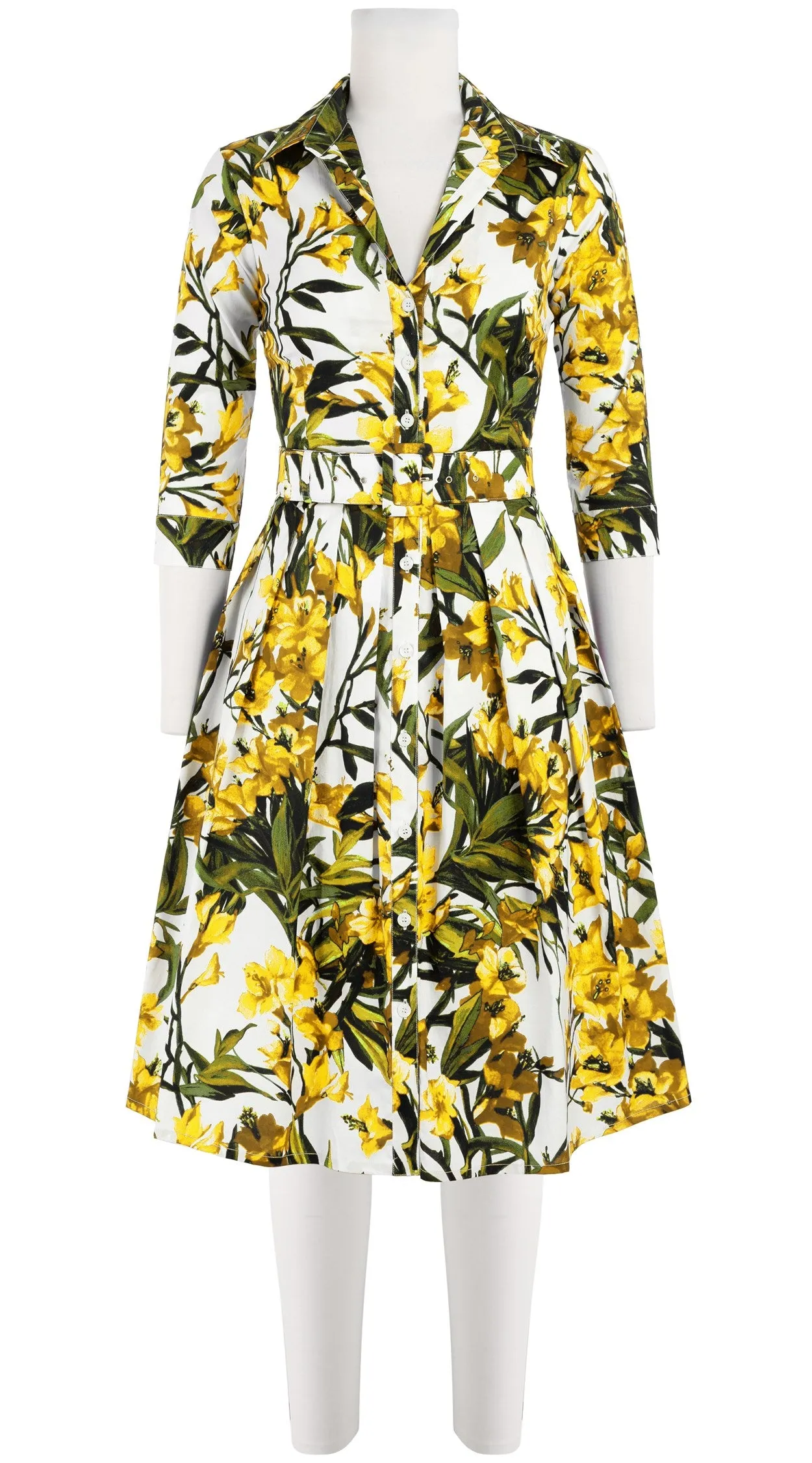 Audrey Dress #1 Shirt Collar 3/4 Sleeve Cotton Stretch (Paper Flower White)