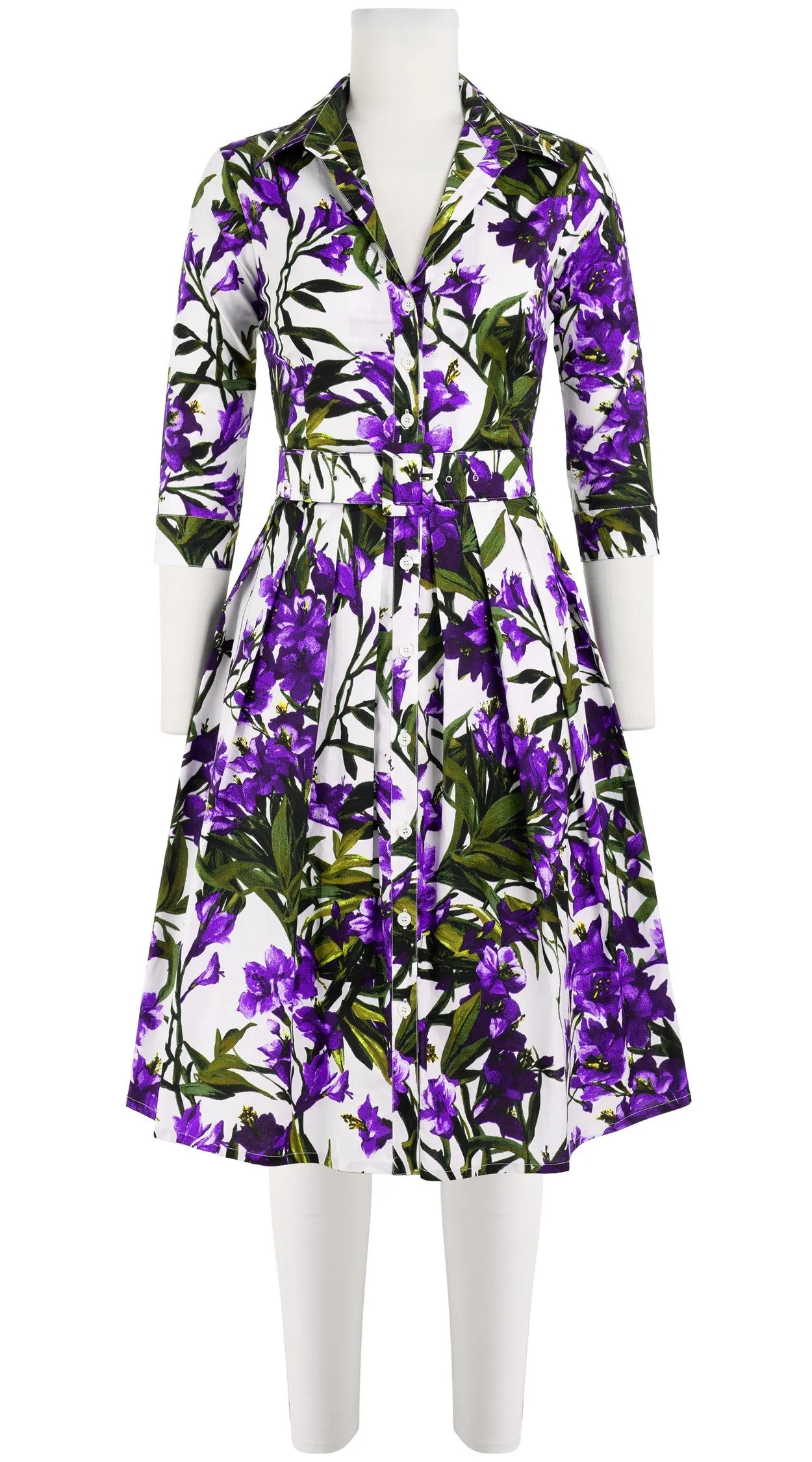 Audrey Dress #1 Shirt Collar 3/4 Sleeve Cotton Stretch (Paper Flower White)