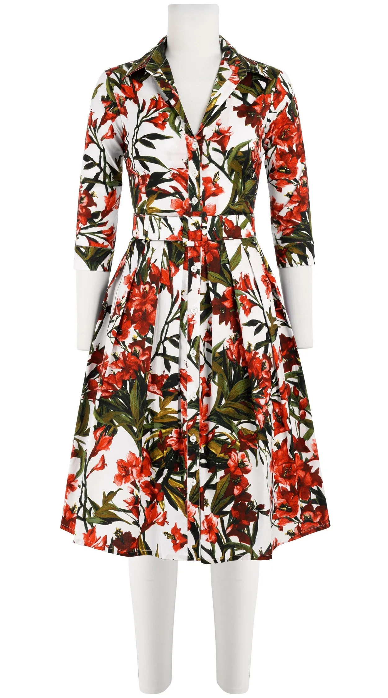 Audrey Dress #1 Shirt Collar 3/4 Sleeve Cotton Stretch (Paper Flower White)