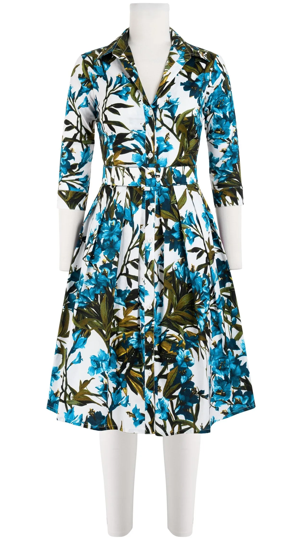 Audrey Dress #1 Shirt Collar 3/4 Sleeve Cotton Stretch (Paper Flower White)