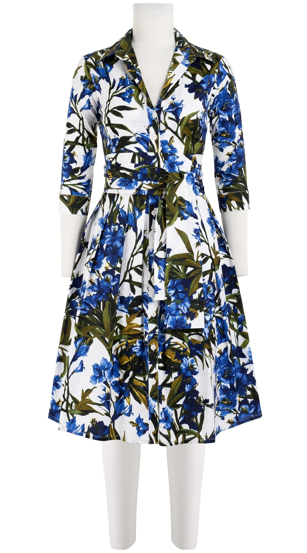 Audrey Dress #1 Shirt Collar 3/4 Sleeve Cotton Stretch (Paper Flower White)