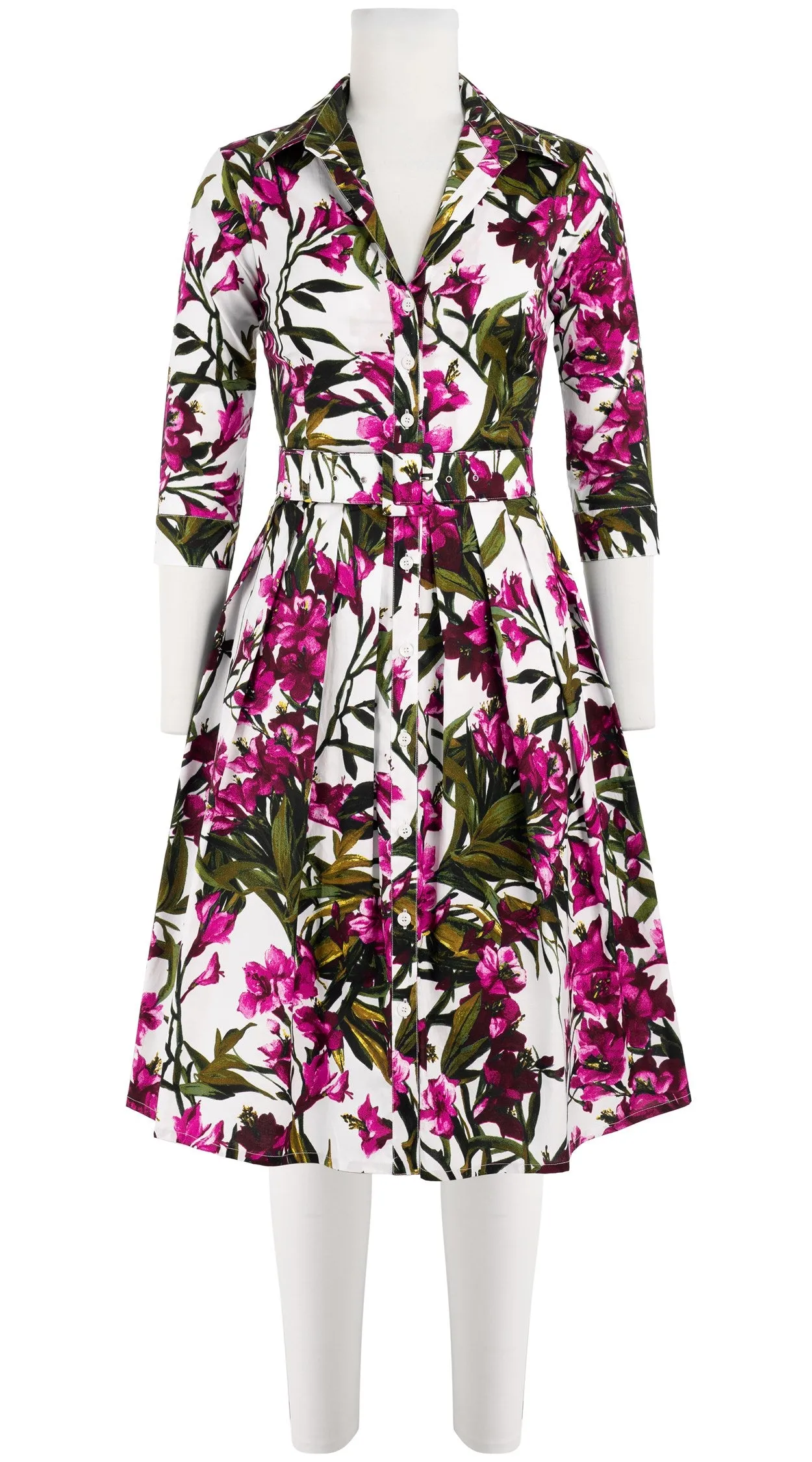 Audrey Dress #1 Shirt Collar 3/4 Sleeve Cotton Stretch (Paper Flower White)