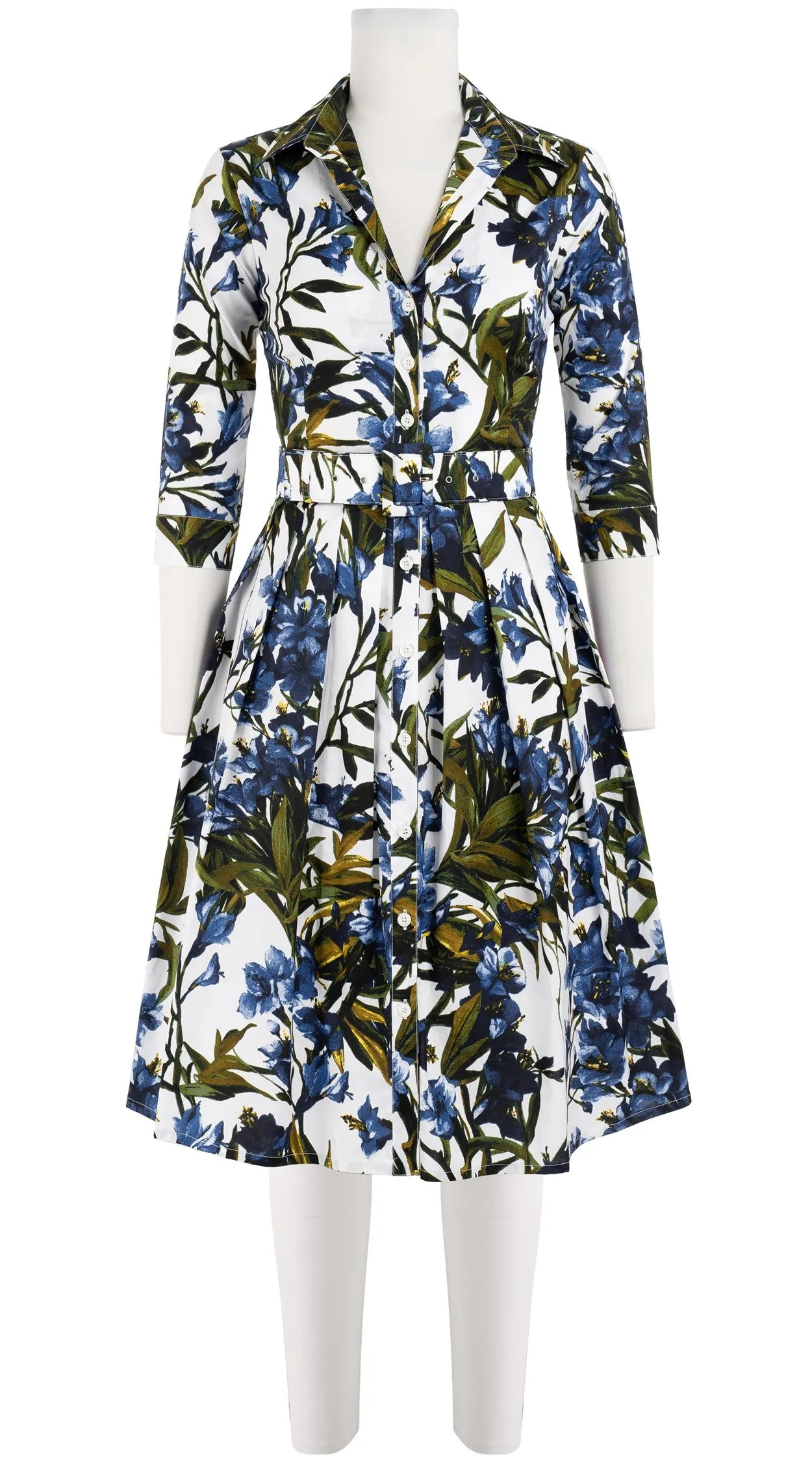 Audrey Dress #1 Shirt Collar 3/4 Sleeve Cotton Stretch (Paper Flower White)