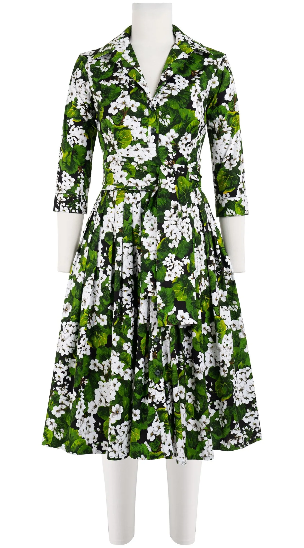 Audrey Dress #2 Shirt Collar 3/4 Sleeve Long Length Cotton Stretch (Rockcress Flower Black)
