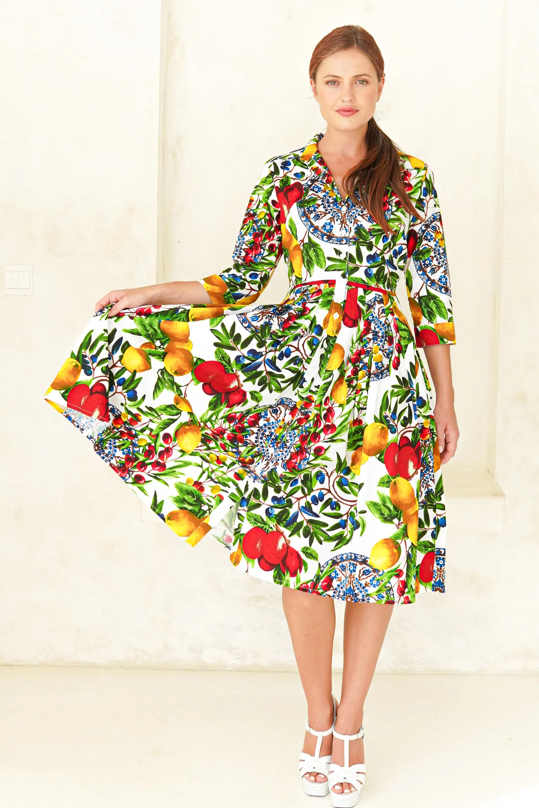 Audrey Dress #2 Shirt Collar 3/4 Sleeve Long Length Cotton Stretch (Tuscan Olive Lemon Big)