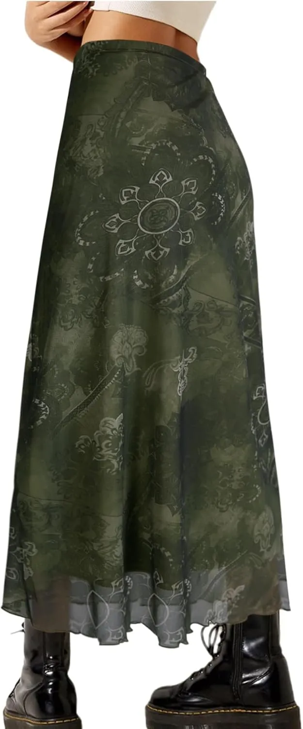 Avanova Women Ditsy Floral Bohemian Mesh Midi Skirt Elastic High Waisted Flowy Summer Long Skirt