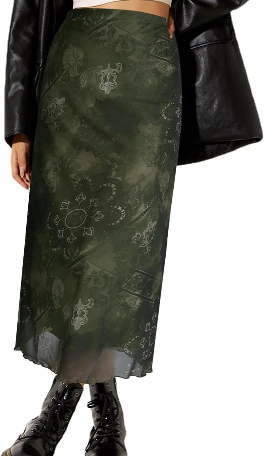 Avanova Women Ditsy Floral Bohemian Mesh Midi Skirt Elastic High Waisted Flowy Summer Long Skirt