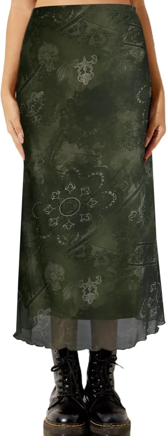 Avanova Women Ditsy Floral Bohemian Mesh Midi Skirt Elastic High Waisted Flowy Summer Long Skirt