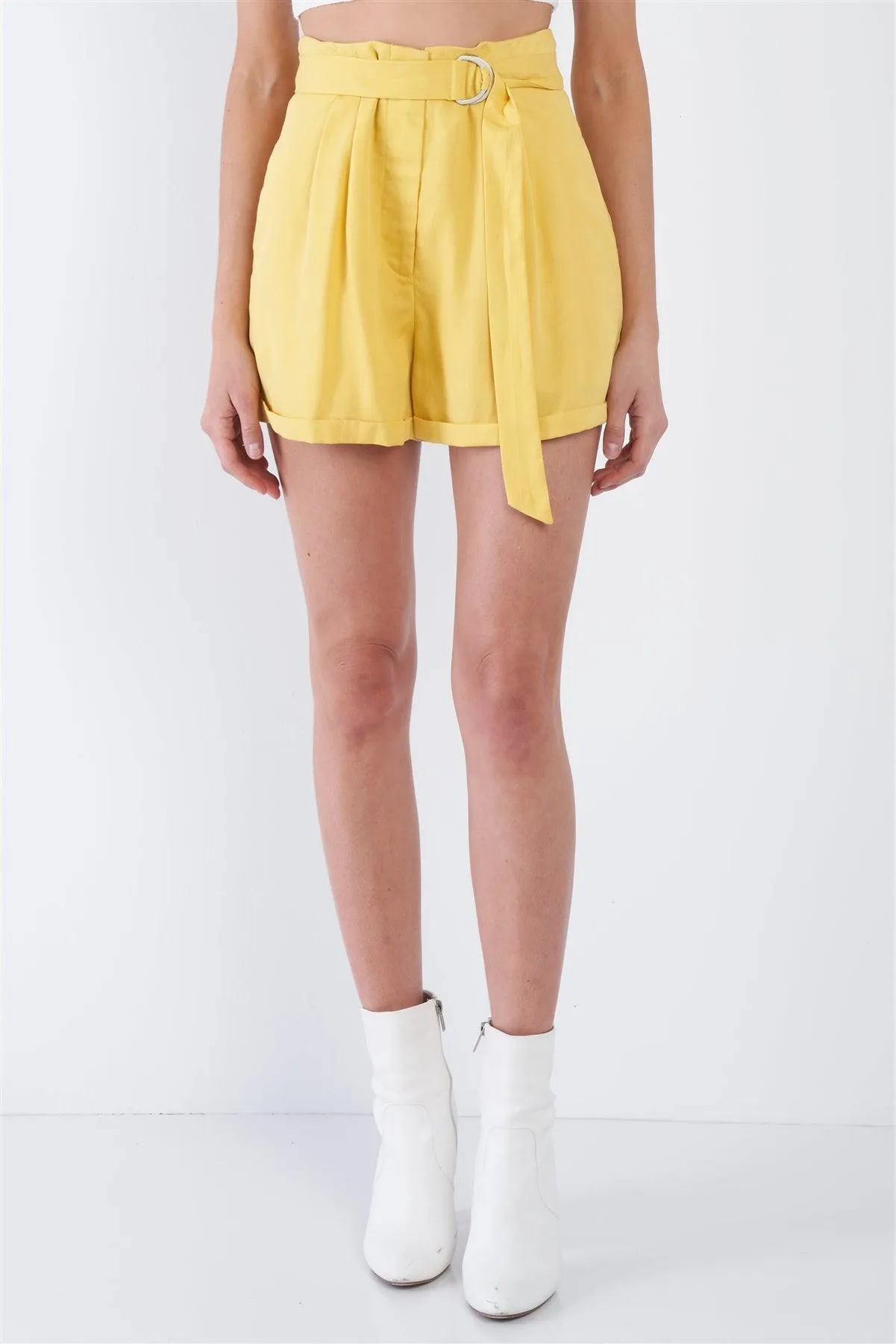 Banana Yellow High Waist Tie Sash Pleated Cuffed Hem Mini Shorts  /3-2-1