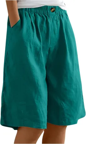 Bermuda Shorts for Women 2025 Casual Mid Rise Knee Length Wide Leg Comfy Long Linen Shorts with Pocket