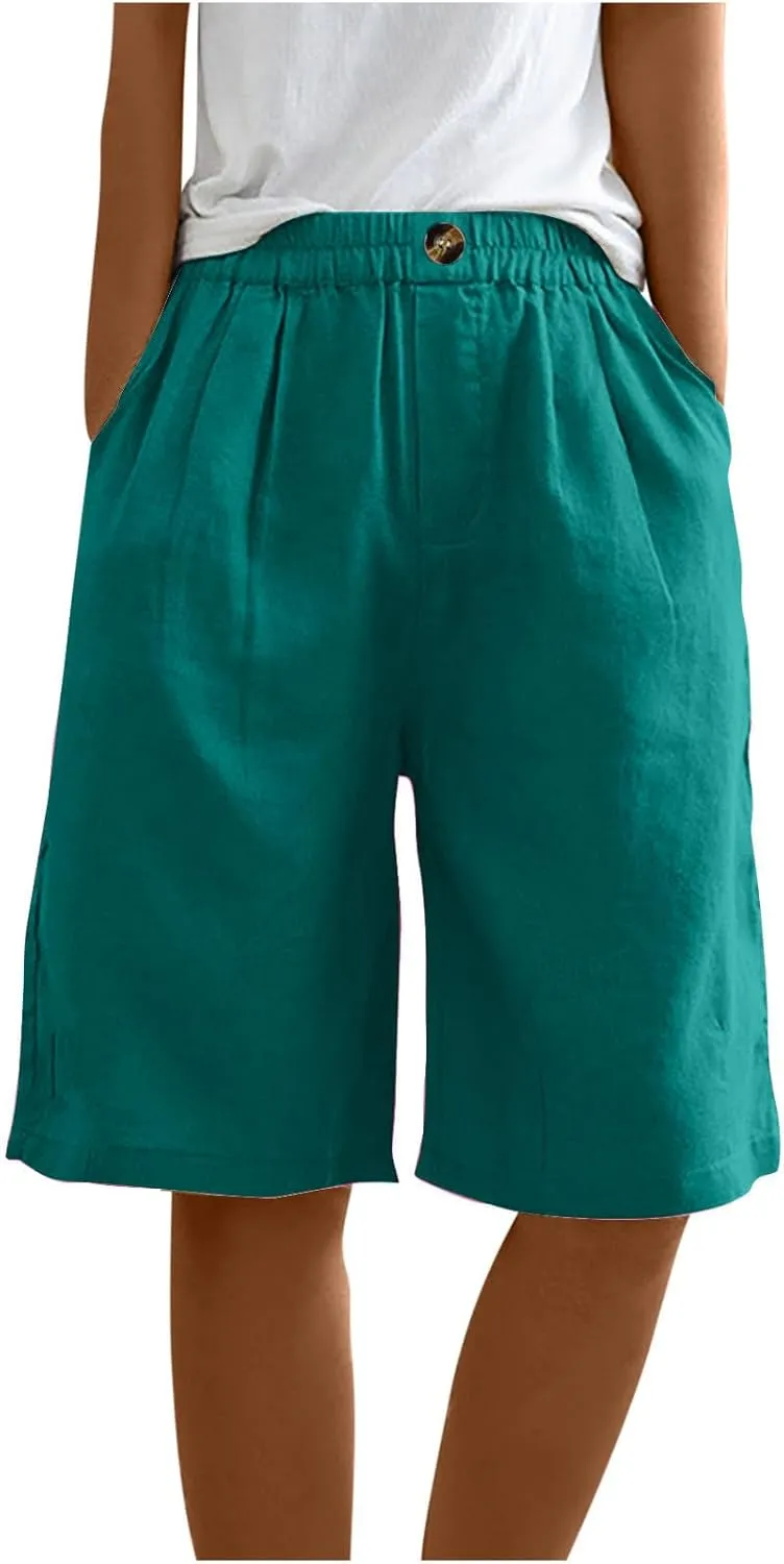 Bermuda Shorts for Women 2025 Casual Mid Rise Knee Length Wide Leg Comfy Long Linen Shorts with Pocket