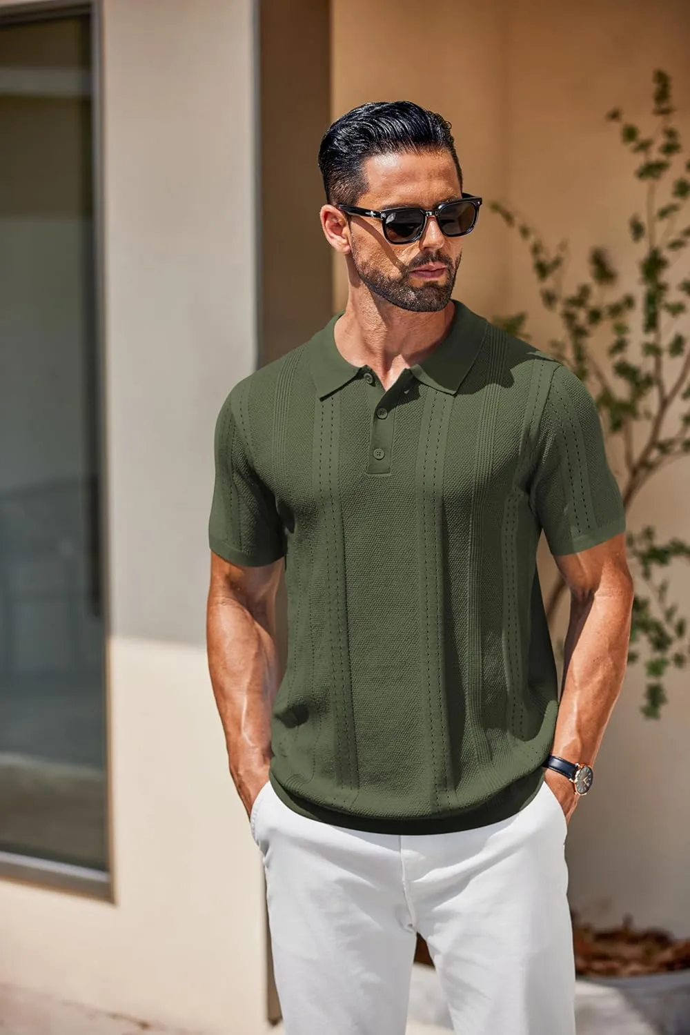 COOFANDY Mens Knit Polo Shirts Short Sleeve Button Down Shirt Cuban Guayabera Textured Summer Beach Shirts
