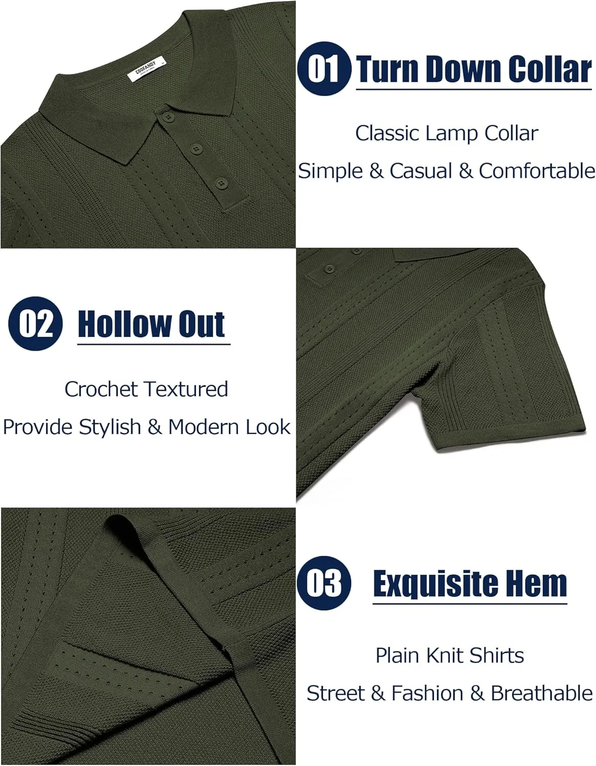 COOFANDY Mens Knit Polo Shirts Short Sleeve Button Down Shirt Cuban Guayabera Textured Summer Beach Shirts