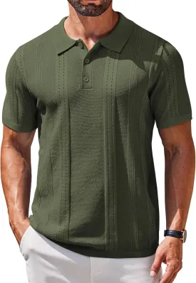 COOFANDY Mens Knit Polo Shirts Short Sleeve Button Down Shirt Cuban Guayabera Textured Summer Beach Shirts