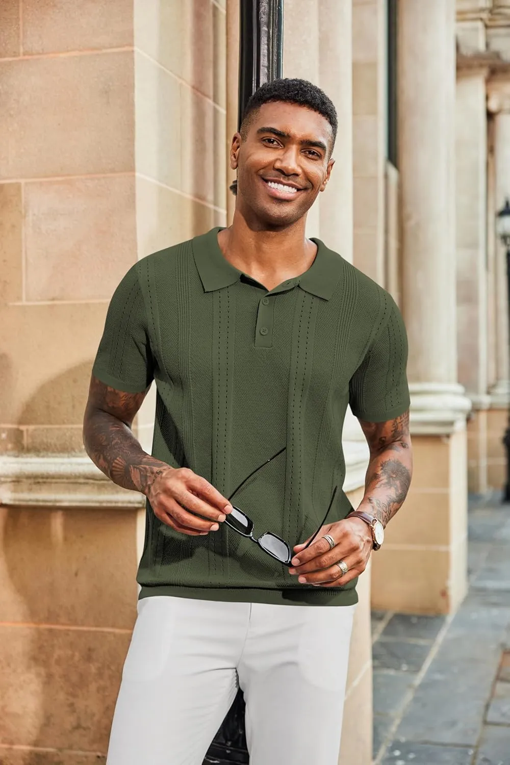 COOFANDY Mens Knit Polo Shirts Short Sleeve Button Down Shirt Cuban Guayabera Textured Summer Beach Shirts