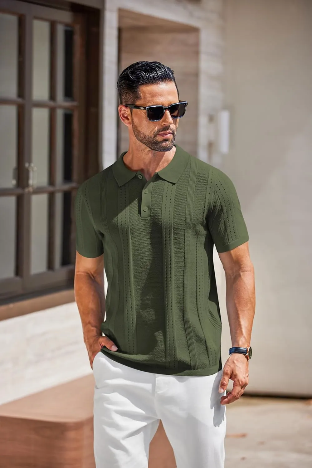 COOFANDY Mens Knit Polo Shirts Short Sleeve Button Down Shirt Cuban Guayabera Textured Summer Beach Shirts