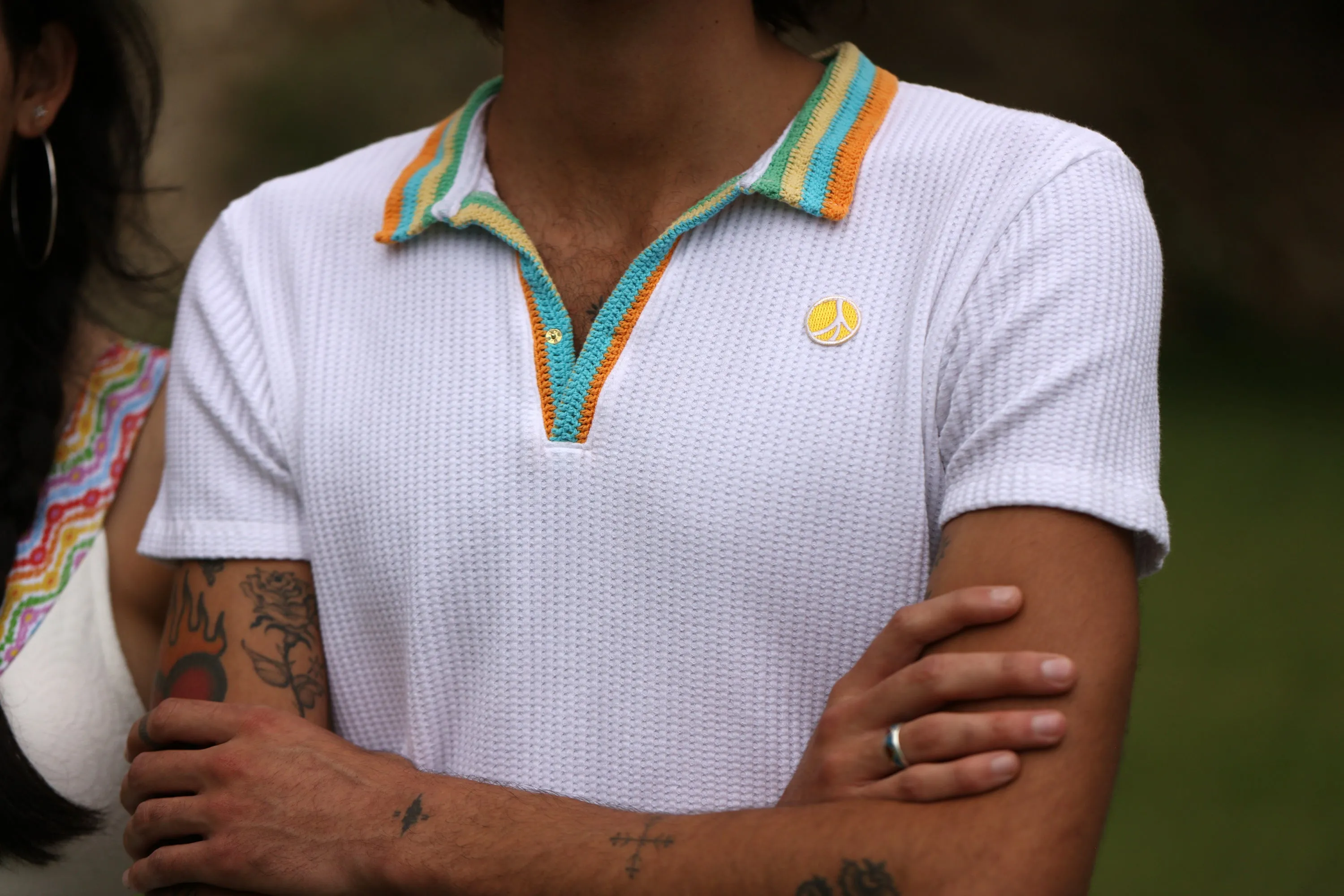 Cotton Knit Crochet Polo in White