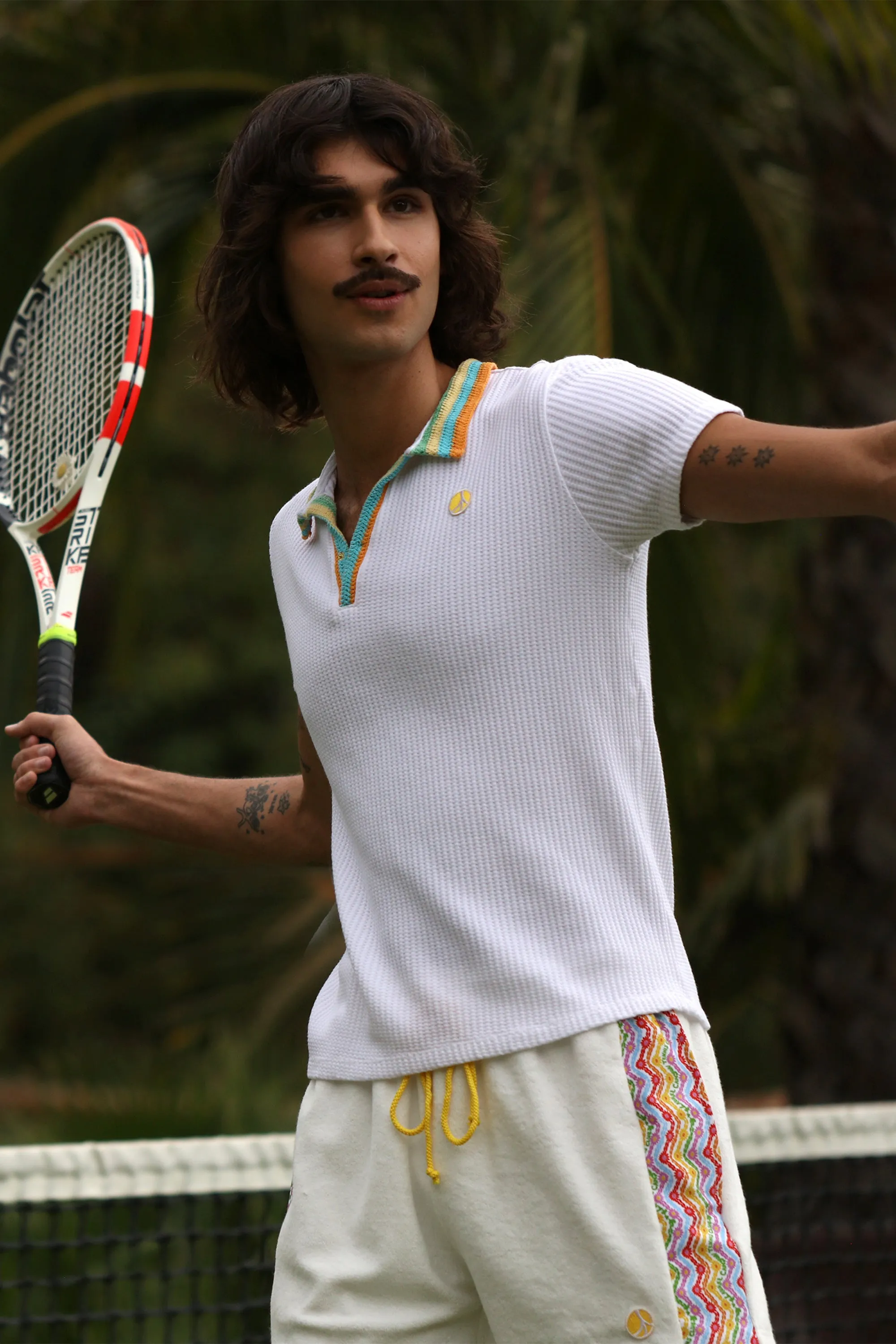 Cotton Knit Crochet Polo in White