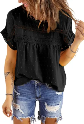 Dokotoo Womens Summer Tops Crewneck Lace Crochet Short Sleeve Shirts Casual Chiffon Blouses