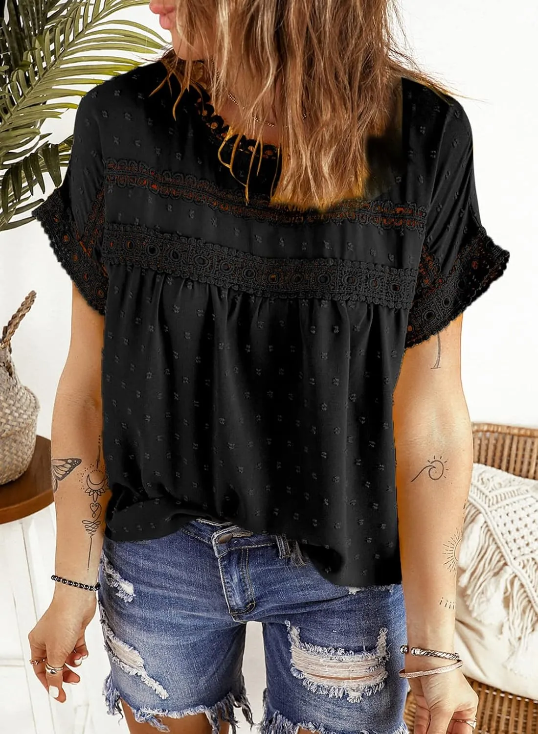 Dokotoo Womens Summer Tops Crewneck Lace Crochet Short Sleeve Shirts Casual Chiffon Blouses