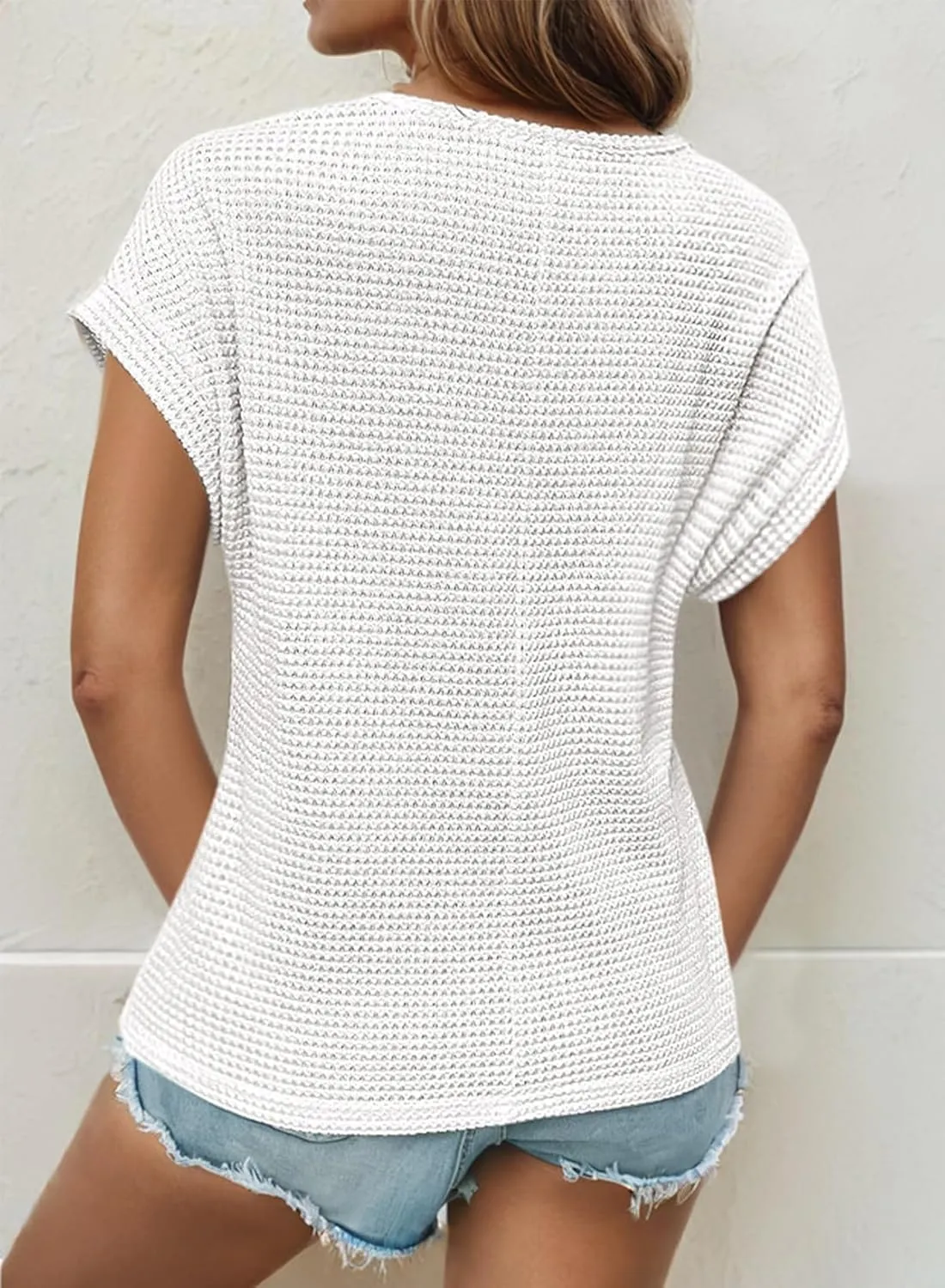 Dokotoo Women's Tops Casual Scoop Neck Short Sleeve Waffle Knit Hollow Out Shirts Loose Tunic Tops Blouses