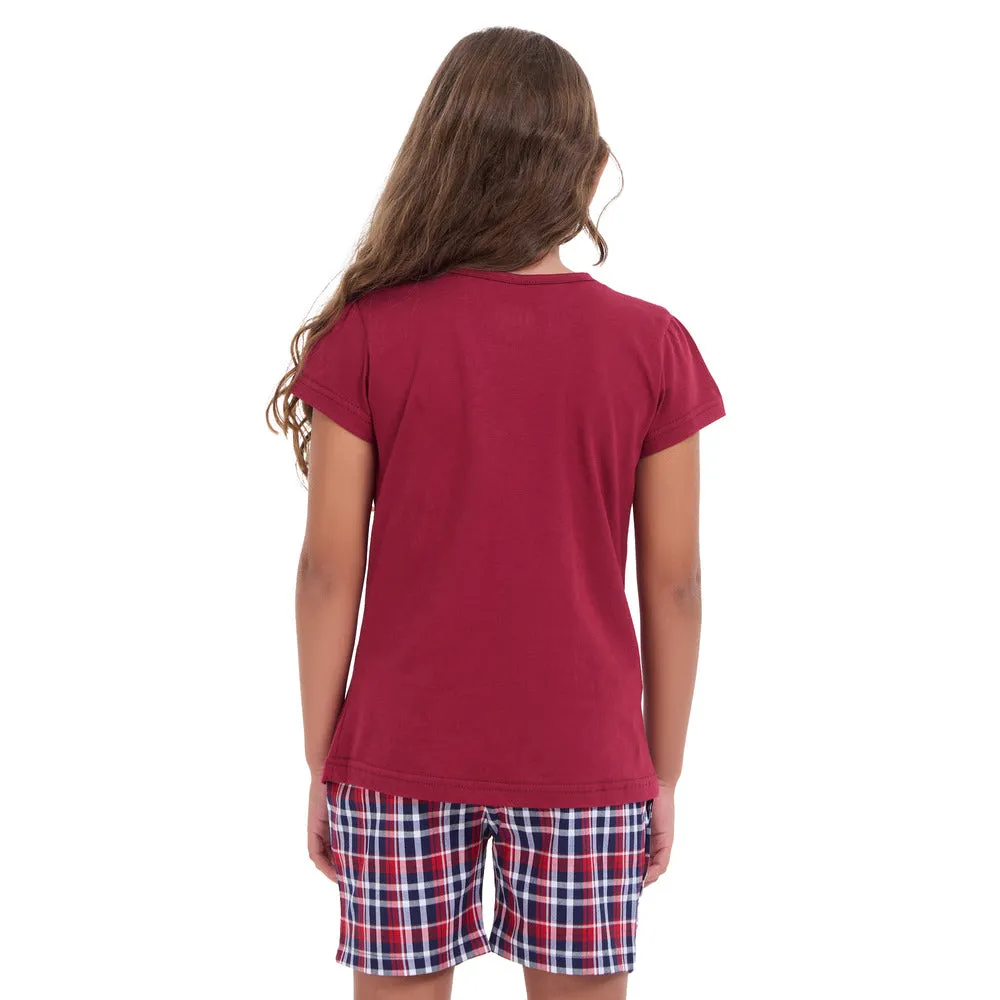 Girls summer pajama set Dark red t-shirt   Dark Blue x Red Checkered shorts