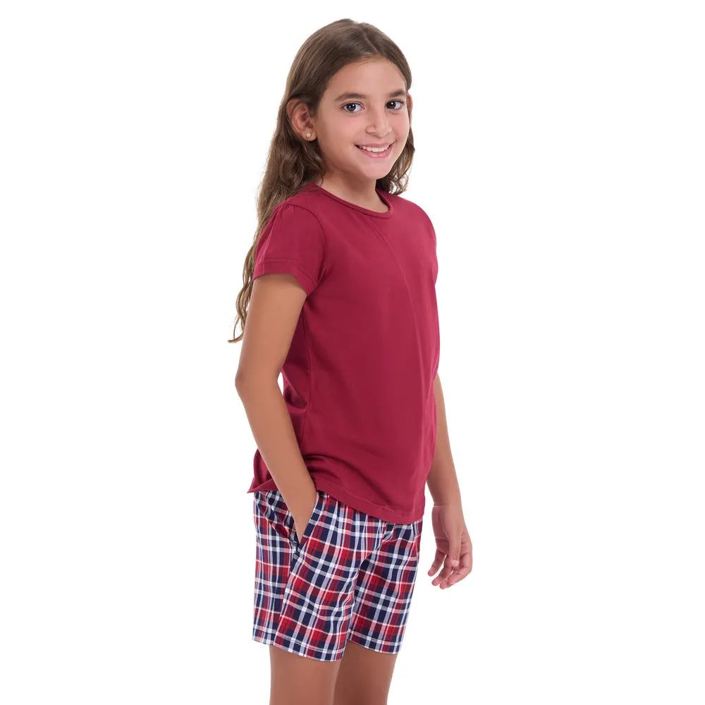 Girls summer pajama set Dark red t-shirt   Dark Blue x Red Checkered shorts