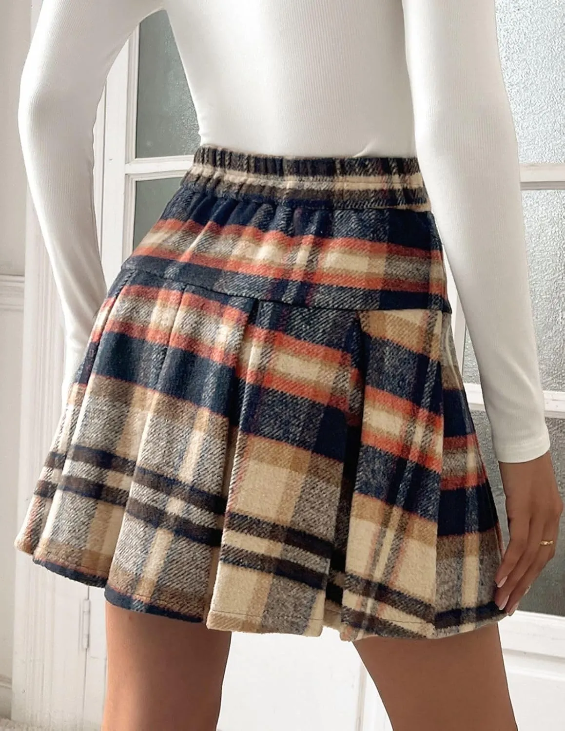 Kate Kasin 2024 Women's Pleated Plaid Mini Skirt High Waist A-Line Fall Winter Casual Skirts