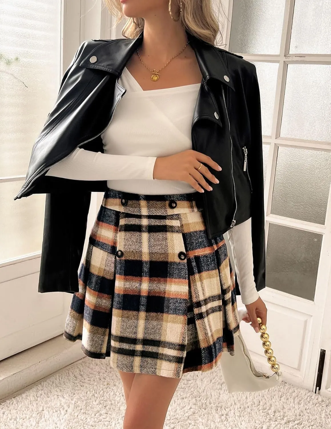 Kate Kasin 2024 Women's Pleated Plaid Mini Skirt High Waist A-Line Fall Winter Casual Skirts