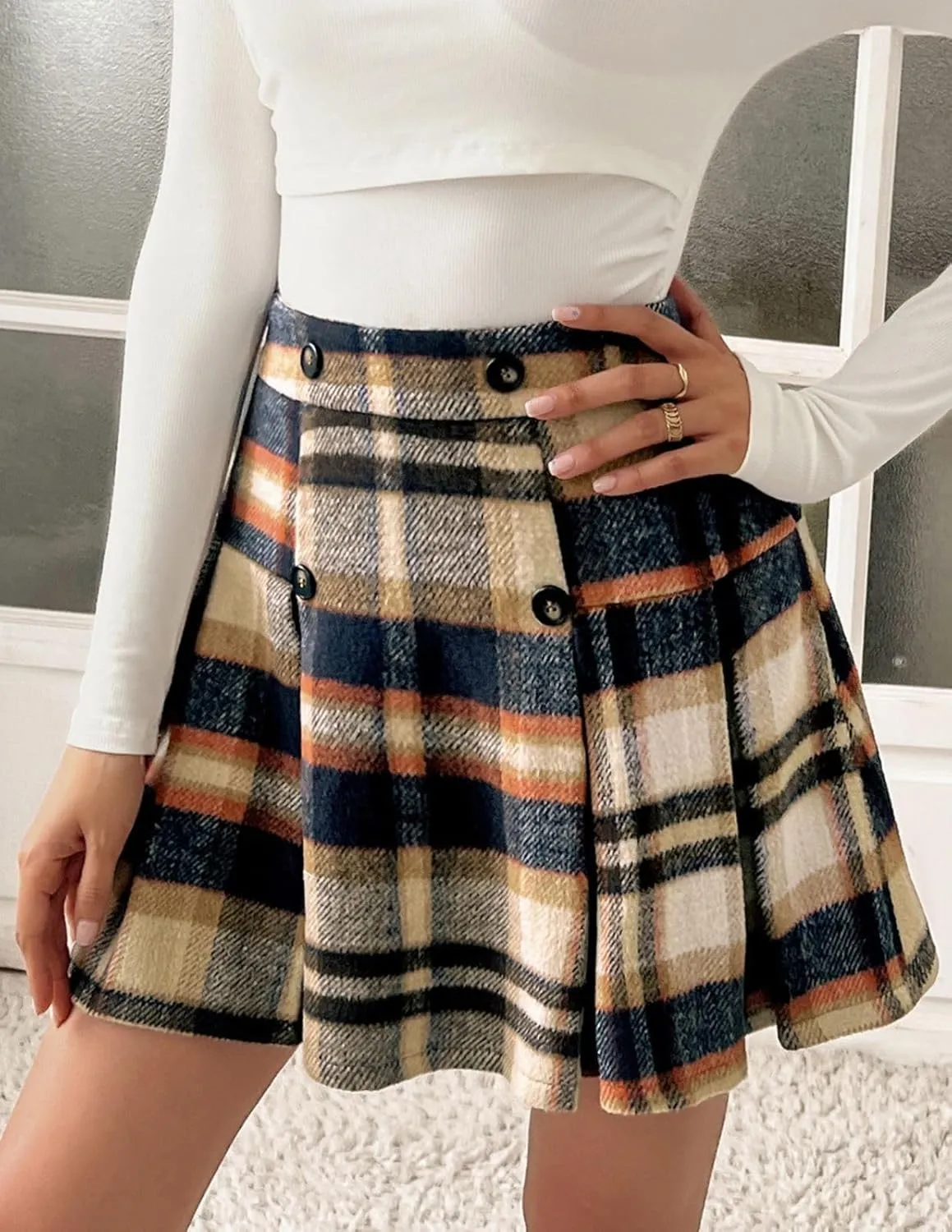 Kate Kasin 2024 Women's Pleated Plaid Mini Skirt High Waist A-Line Fall Winter Casual Skirts