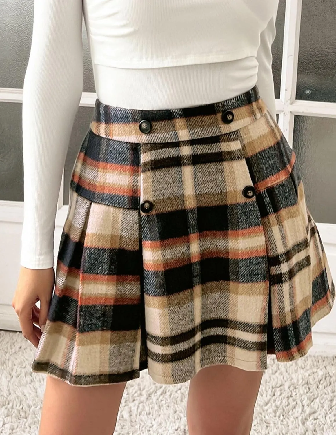 Kate Kasin 2024 Women's Pleated Plaid Mini Skirt High Waist A-Line Fall Winter Casual Skirts