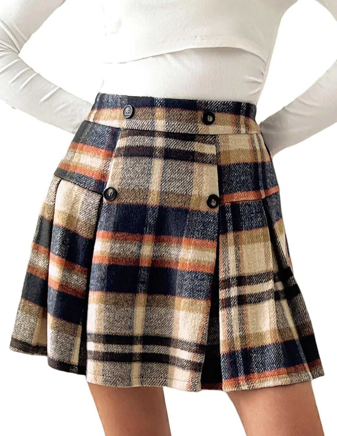 Kate Kasin 2024 Women's Pleated Plaid Mini Skirt High Waist A-Line Fall Winter Casual Skirts