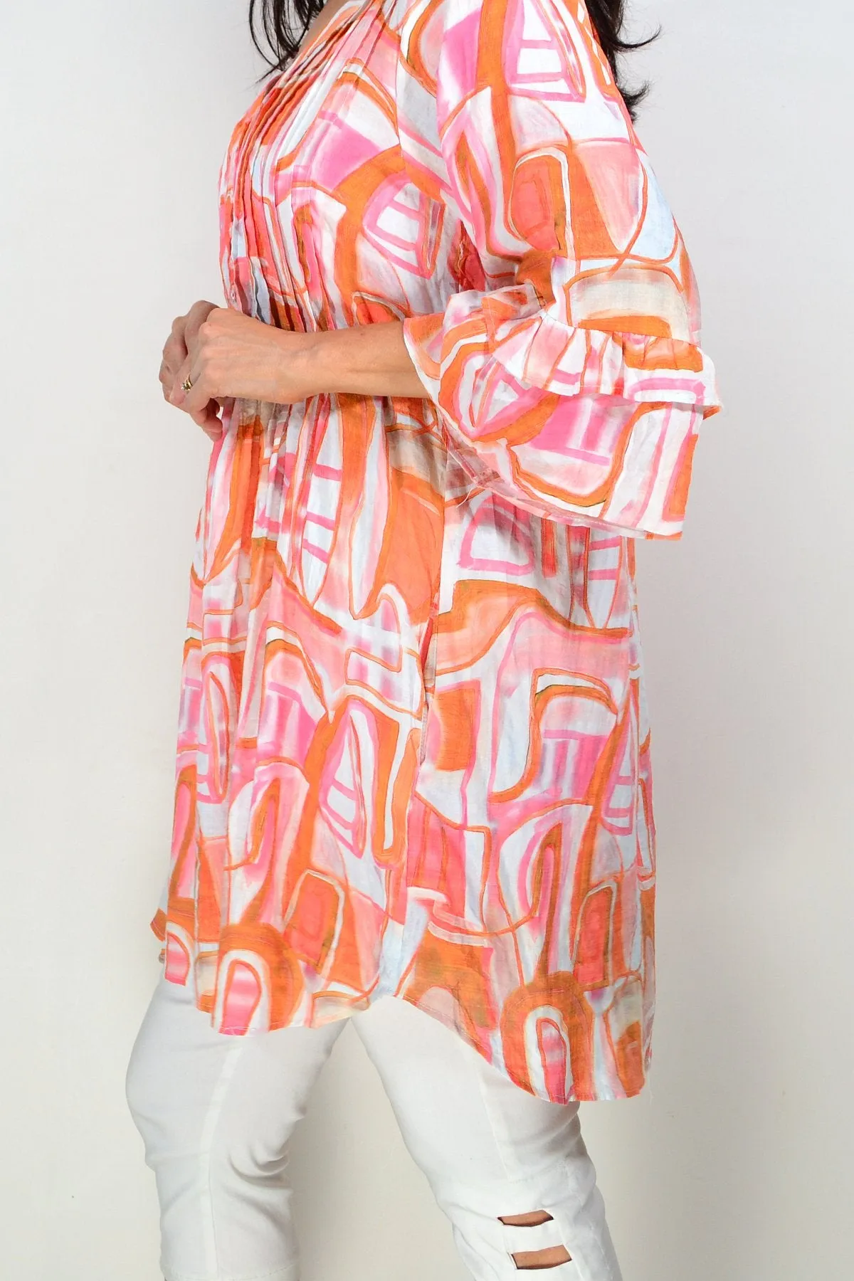 Orange White Pattern Ladies Tunic Top