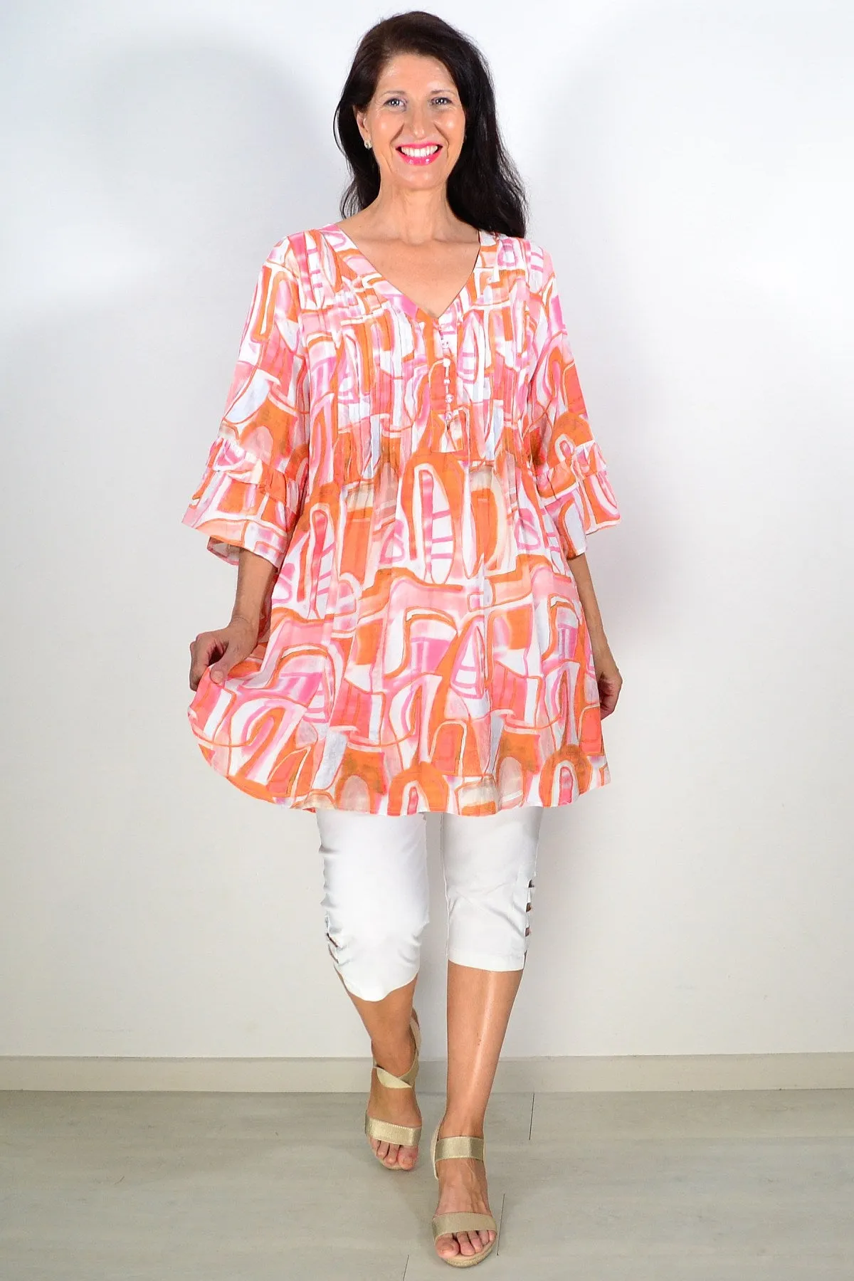 Orange White Pattern Ladies Tunic Top