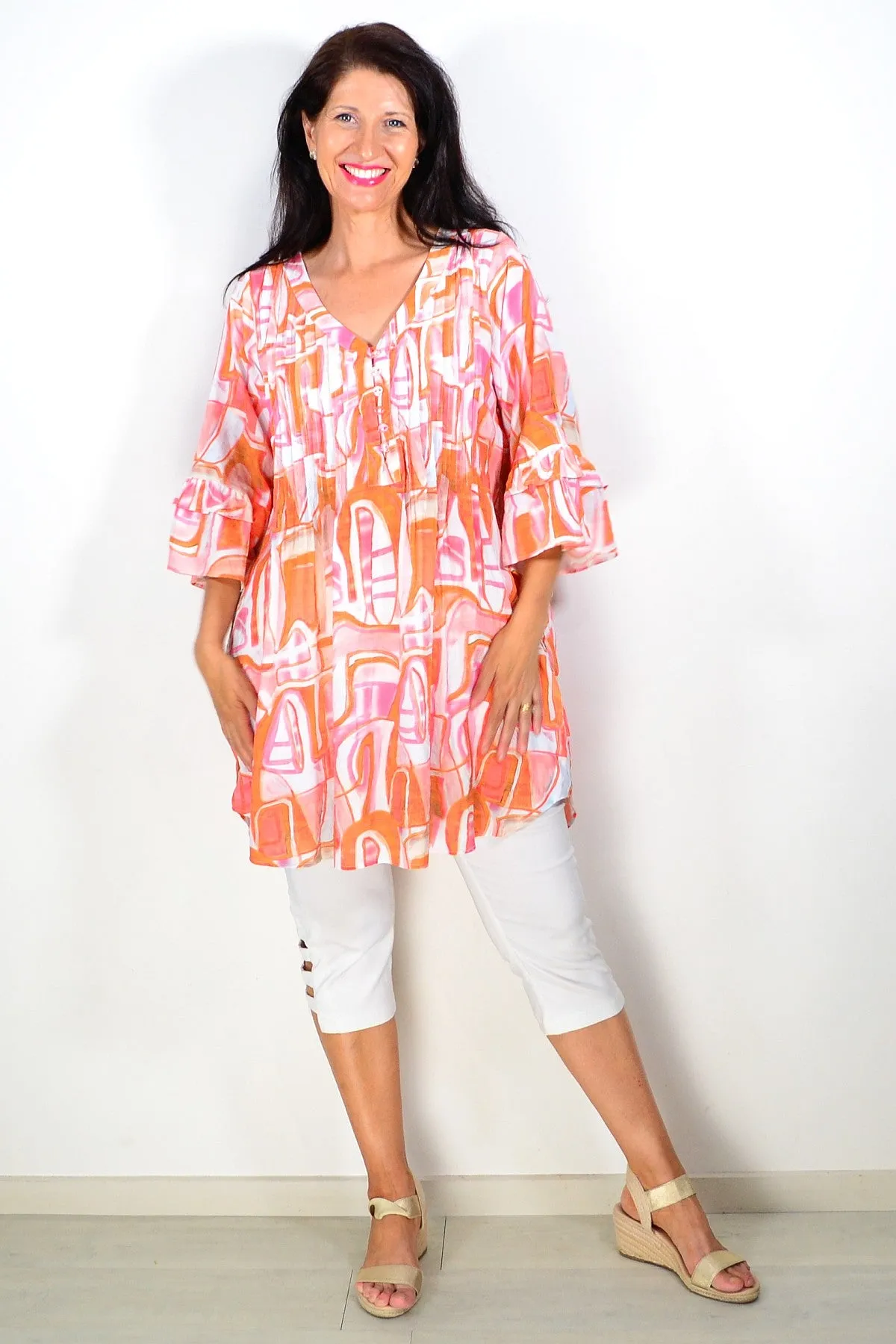 Orange White Pattern Ladies Tunic Top