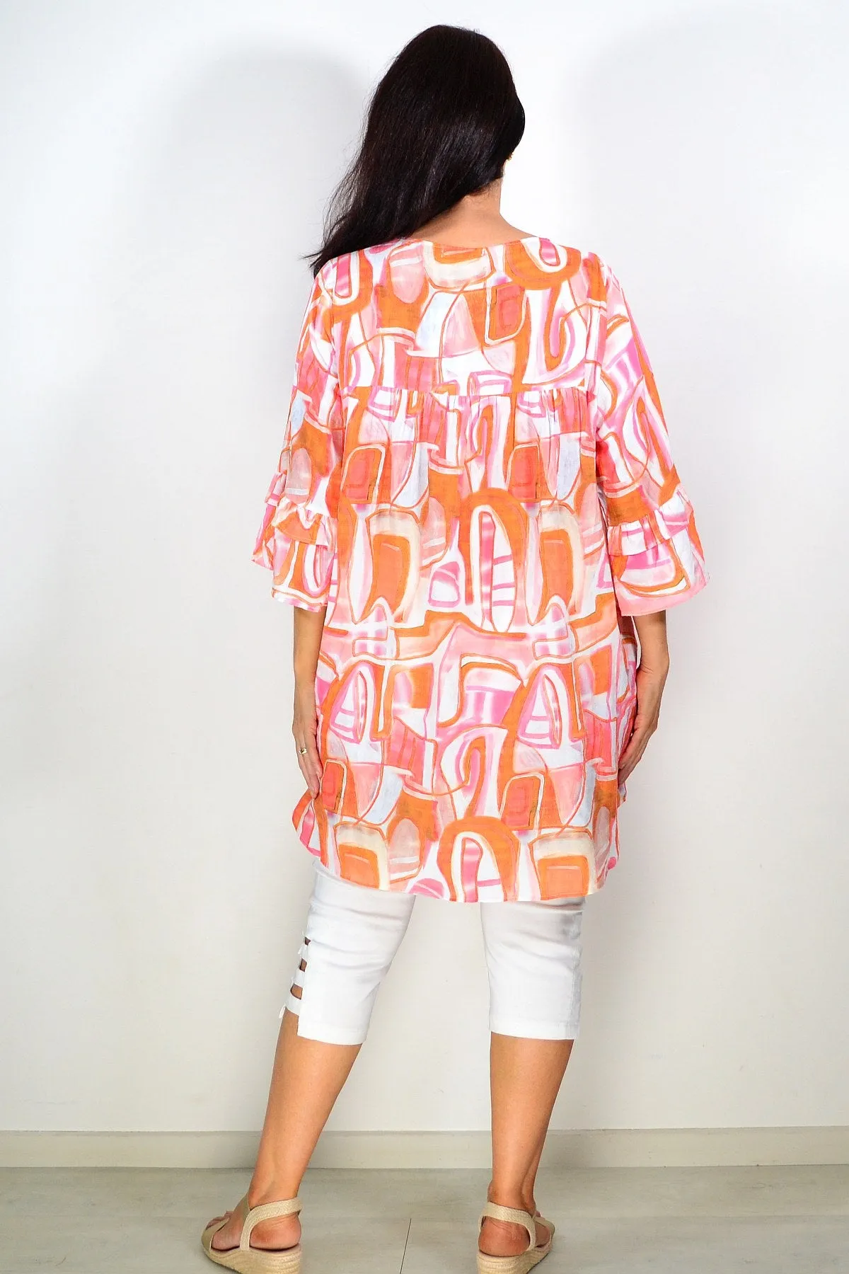 Orange White Pattern Ladies Tunic Top