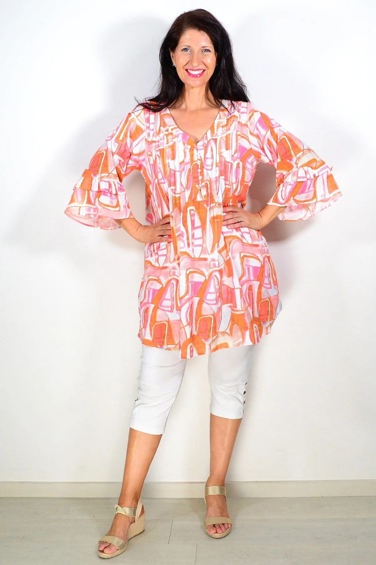 Orange White Pattern Ladies Tunic Top