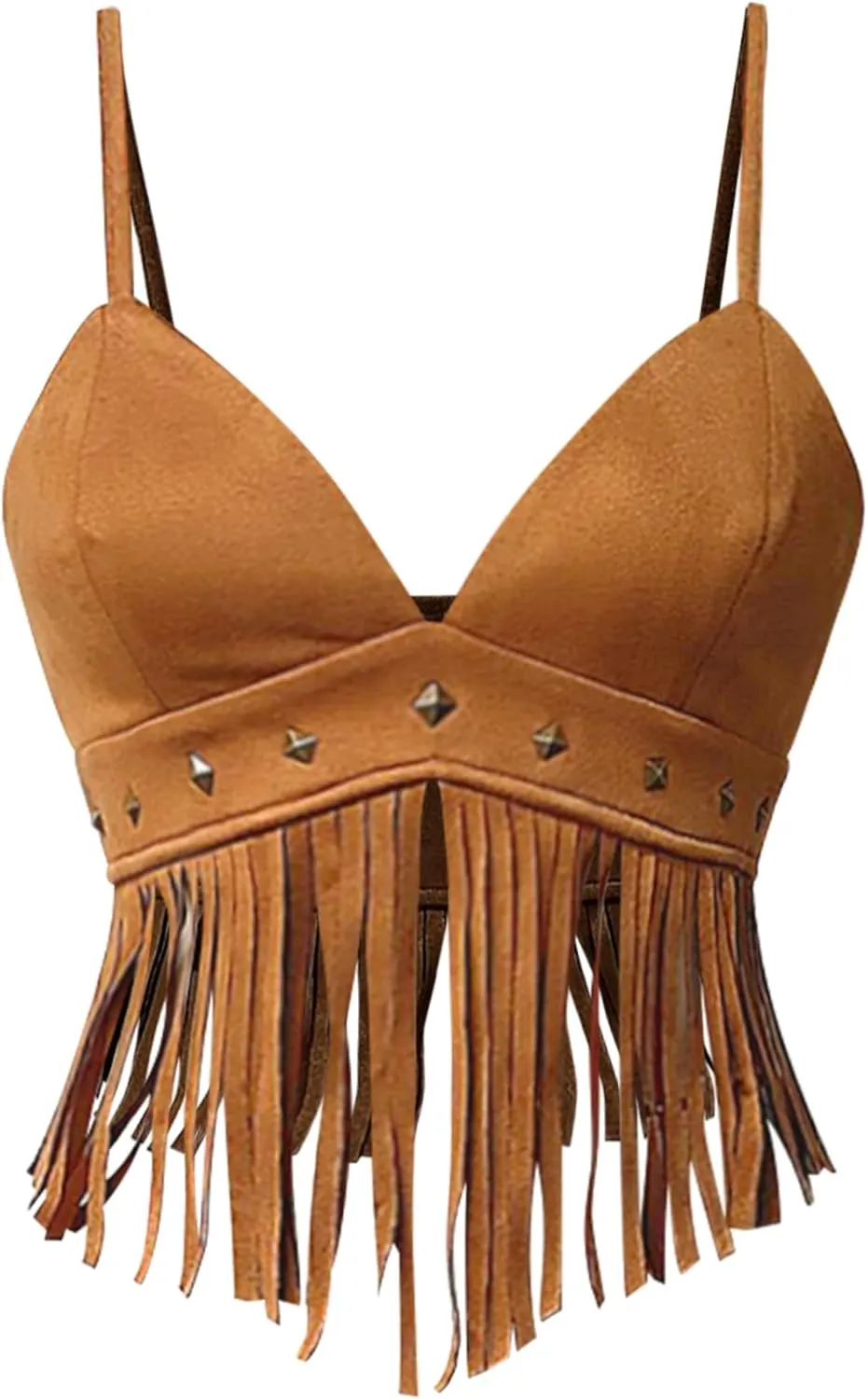 OYOANGLE Women's Y2K Fringe Sleeveless Spaghetti Strap Faux Suede Vintage Hippie Crop Top Blouse